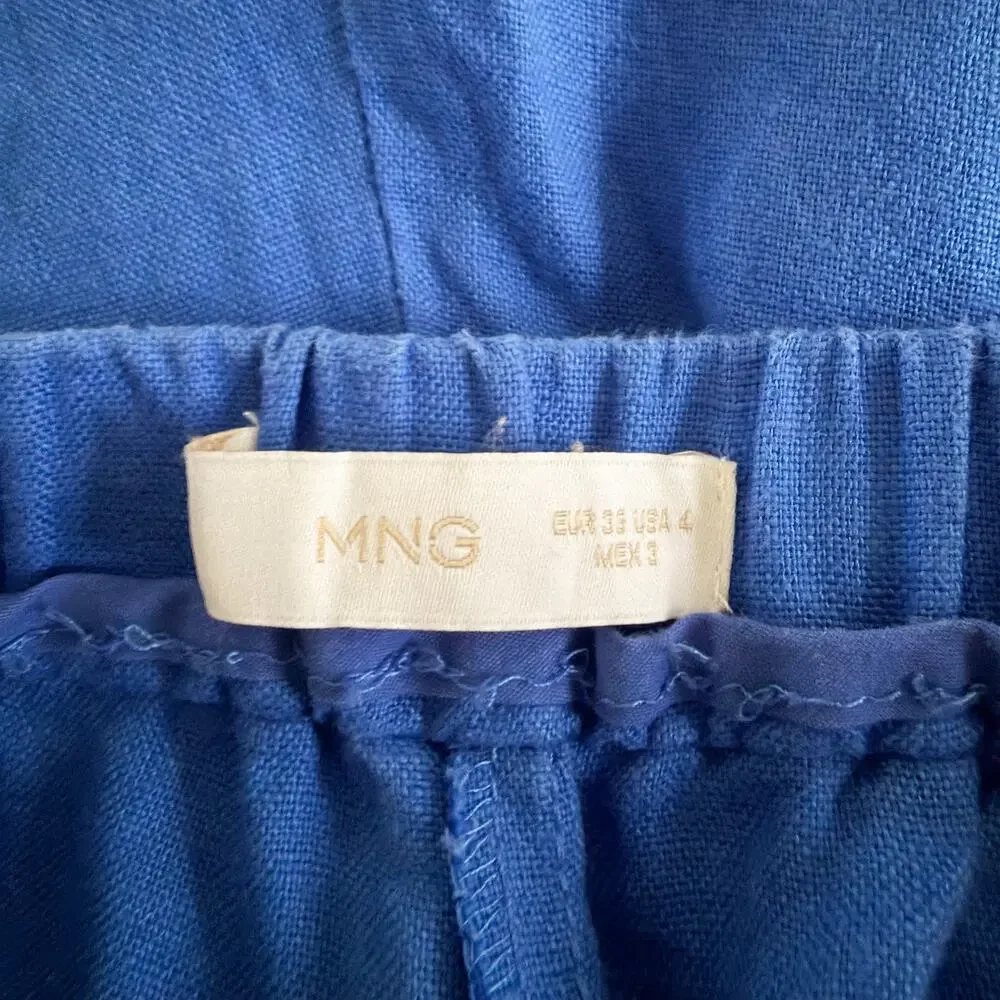 Mango 100% Linen Blue Elastic Back Slim Crop Pants Women US 4 EU 36